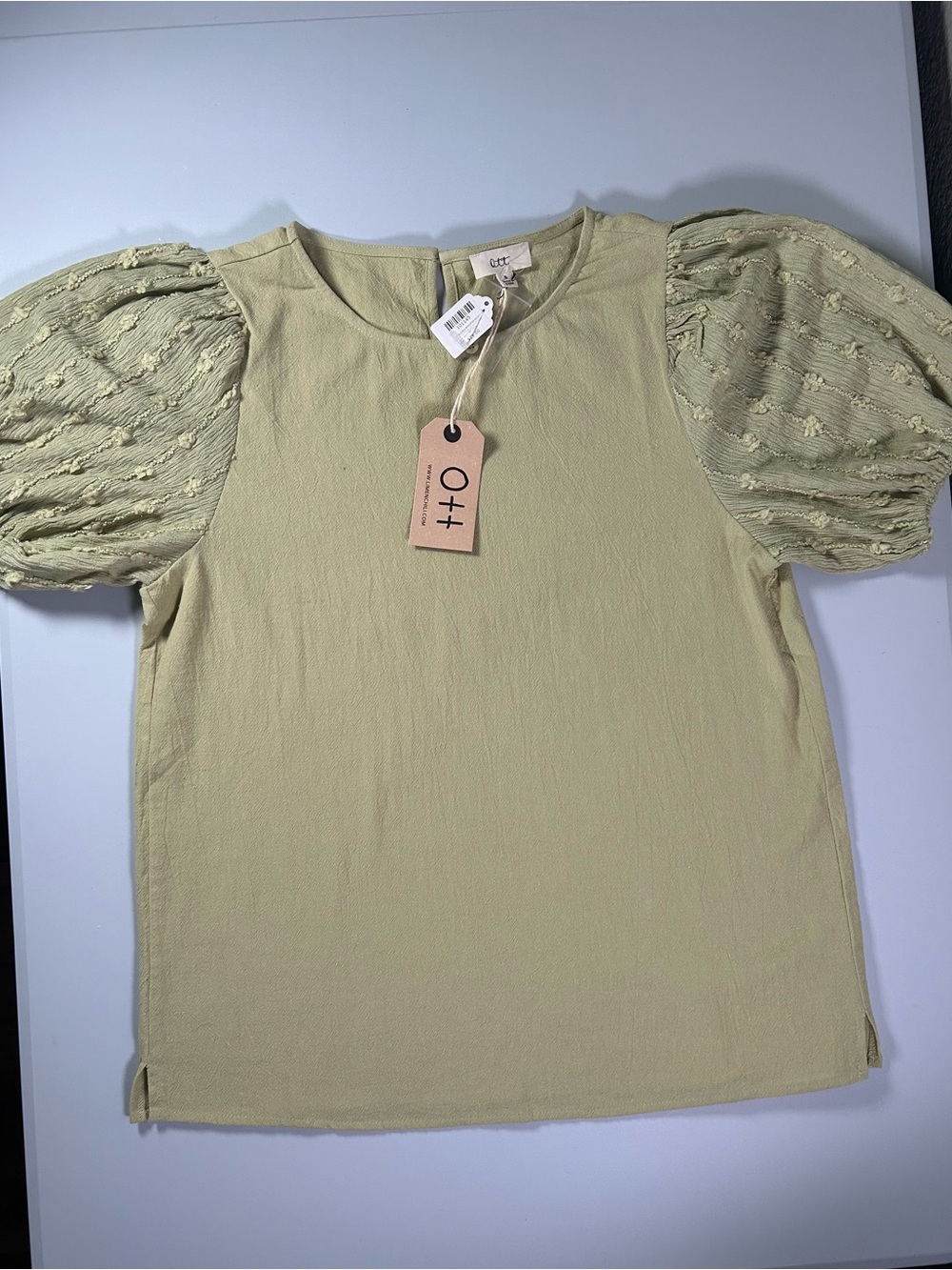 Puff Sleeve Mixed-Media Short Sleeve Top - Light Green